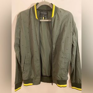 Dark Green Light Bomber Jacket w/ Bird Print